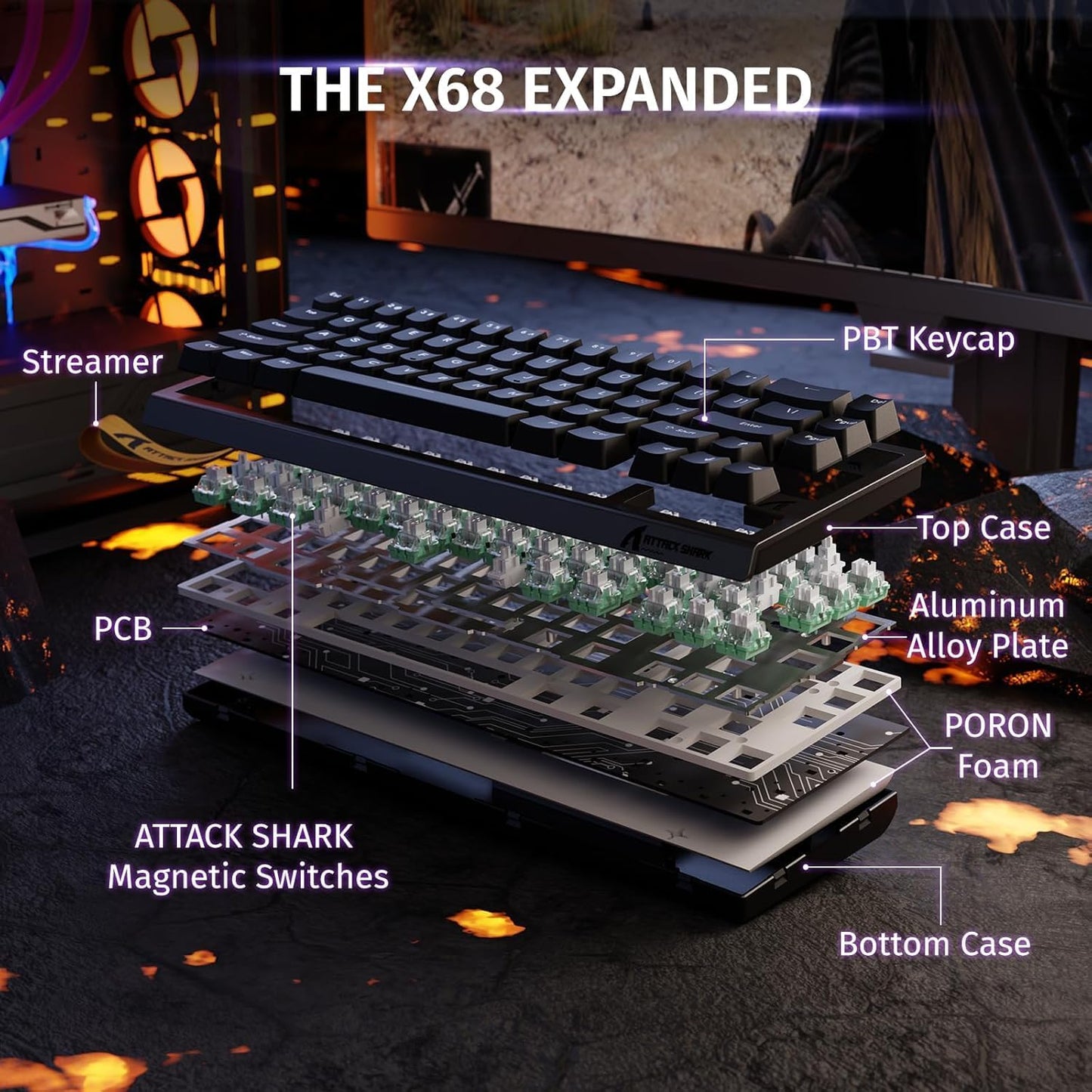 ATTACK SHARK X68 HE RT Mechanical Gaming Keyboard 60% Wired TKL-Black | Adjustable Actuation,Hall Effect Magnetic Switch,8KHz Polling Rate,RGB Backlit,Top Mount, Web Driver for PC Mac Esport Gamer