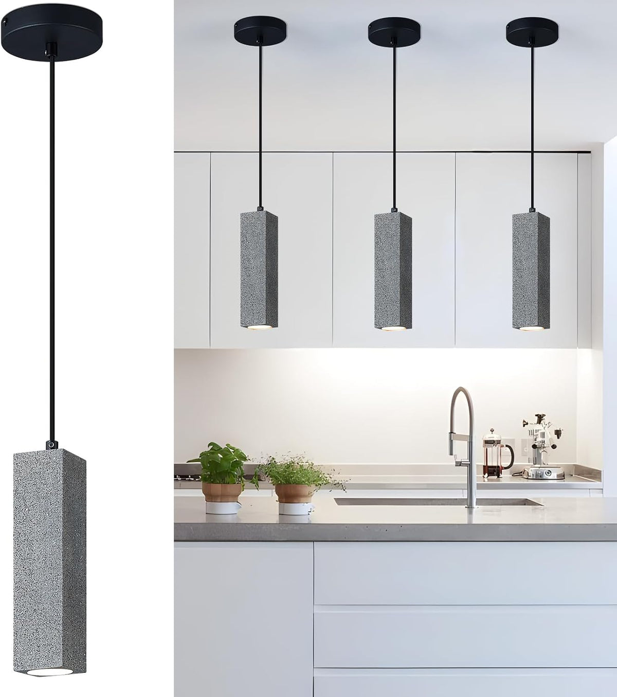 Modern Black Square LED Concrete Pendant Light Kitchen Island Ceiling Light Fixture Pendant Lighting for Dining Room Coffee Club Resturant Bar Living Room(1-Pack)