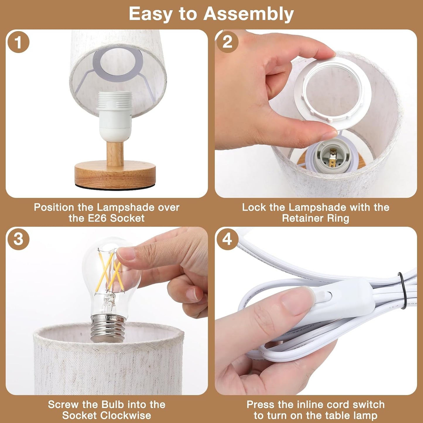 9" Small Table Lamp for Bedroom - Inline Control with 3000K Blub | Cream Shade and Wood Base | 680 Lumens | Easy Assembly | Minimalist Design | E26 | for Kitchen | for Kids Room