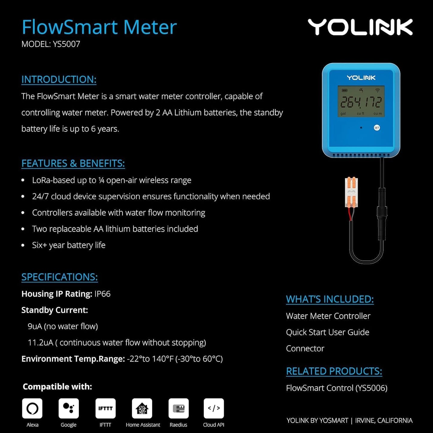 YoLink FlowSmart Water Meter, No Water Meter Included, Smart Water Usage Monitor and Water Leak Detection