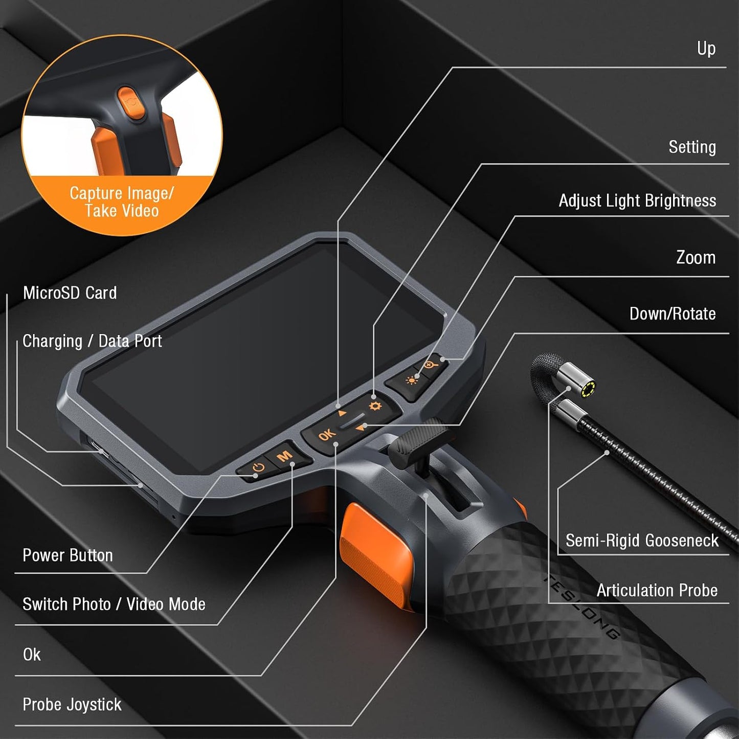 Teslong Articulating Borescope for Mechanic Automotive HVAC Wall Inspection | 2.0MP HD Endoscope, 8 LED Lights, Two-Way 210°, 4.5" IPS Screen, 32GB, IP67 Waterproof, Semi-Rigid Gooseneck, Carrying Case