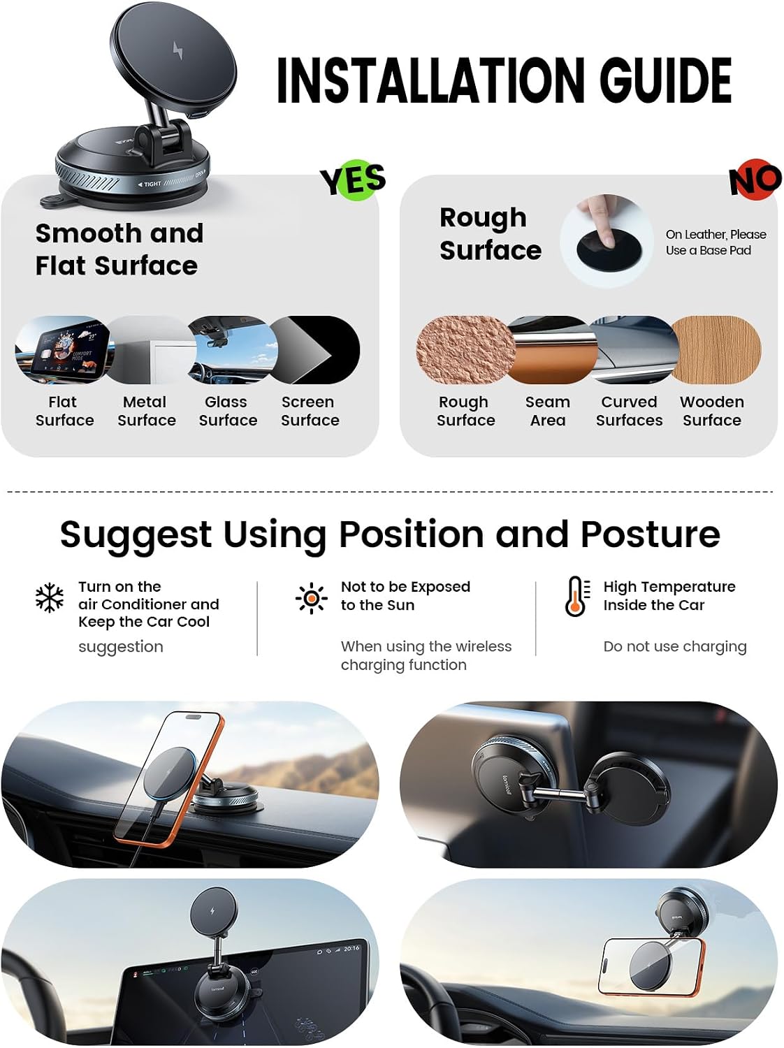 Lamicall 15W for MagSafe Car Mount Charger, 360° Wireless Car Phone Holder | Dual USB-C Ports Magnetic Phone Holder for Car, 70 LBS Vacuum Suction Phone Mount for iPhone 17 16 Pro Max Truck Jeep Black