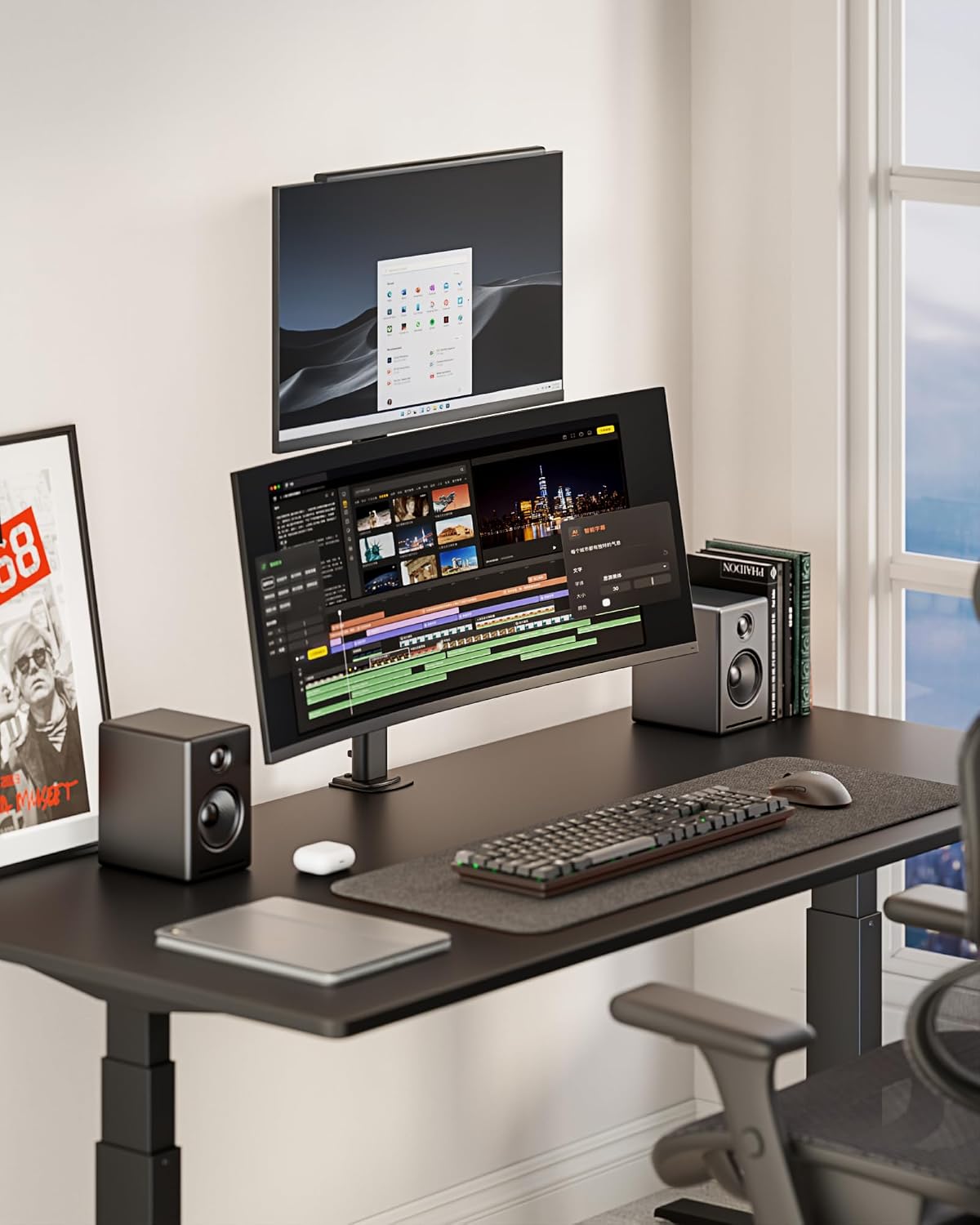 Pegzone Vertical Dual Monitor Mount for 17–34 Inch Screens, 33 lbs per Arm | Stacked Monitor Stand, 33.1" Extra Tall Pole, Full Motion Height Adjustable Mount, 75/100 VESA, Clamp & Grommet