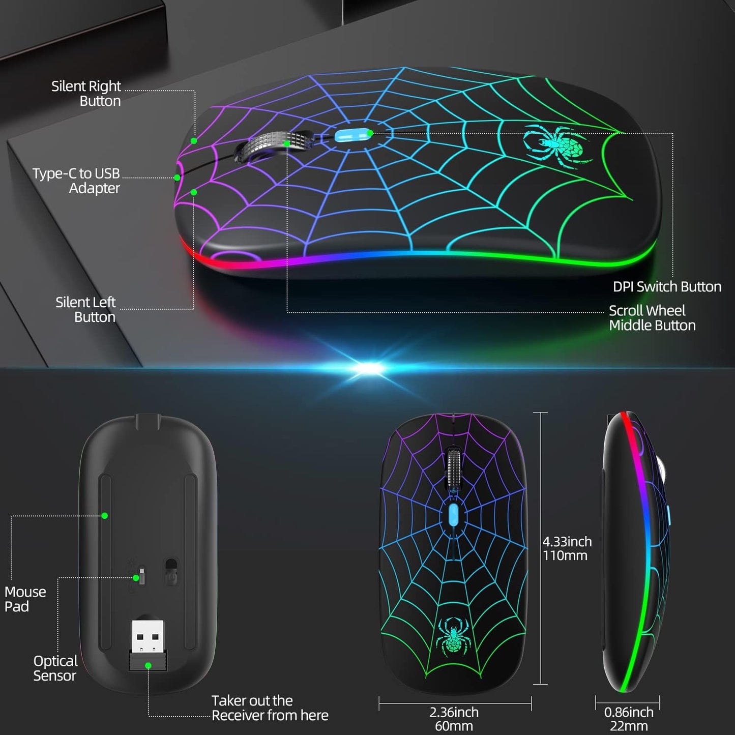 MMK for Wireless Mouse-Black | Led Mouse with USB and Type C Receiver, 3 Adjustable DPI Wireless Computer Mouse for Mac Book, Laptop, Desktop,Windows, PC