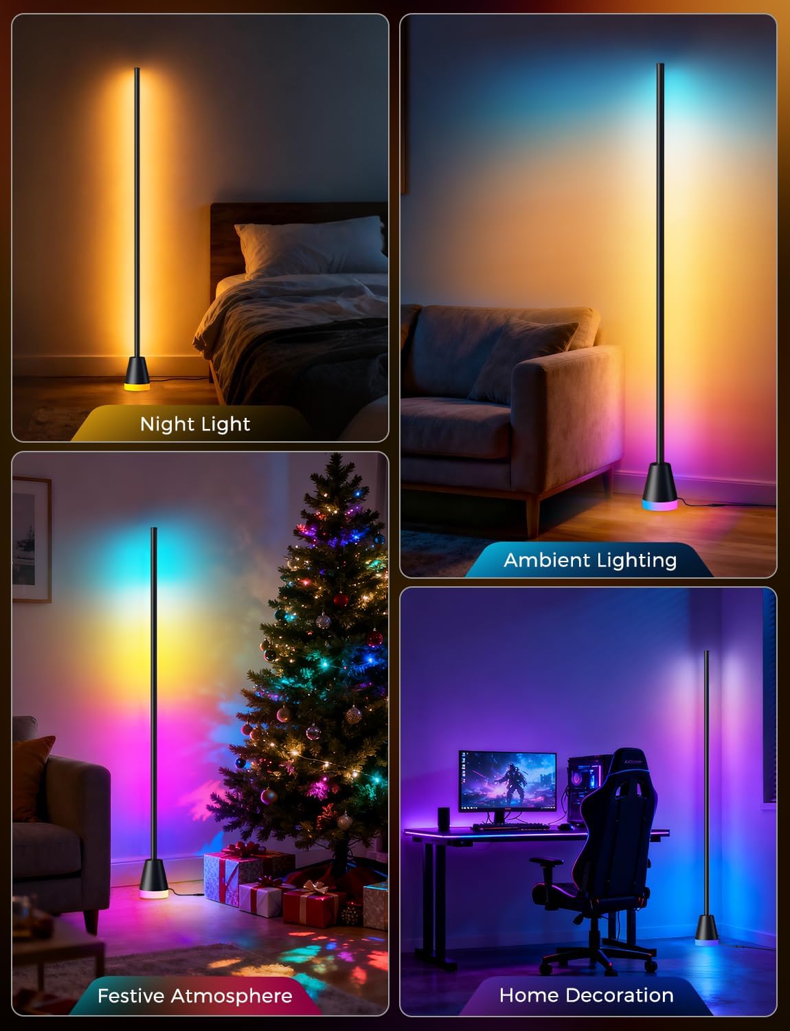 RGB Corner Floor Lamp, Smart Modern LED Mood Light, Glossy Black