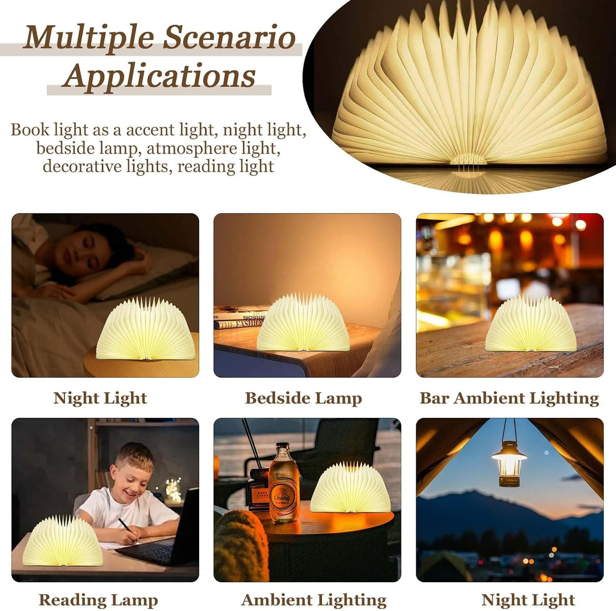 Anwick Lamp Book Large Size Folding Mood Light, Novelty LED Night Light, USB Large Capacity Rechargeable Wooden Table Lamp