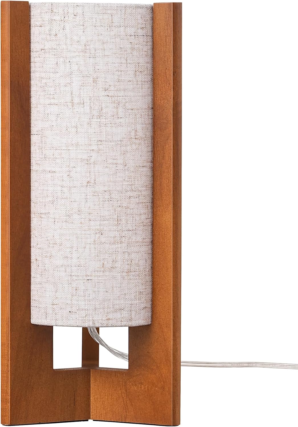 EDISHINE 13.5" Small Table Lamp, Walnut Wood Cylinder Nightstand Lamp, E26 | Beige Linen Shade, On-Off Line Switch, Three-Sided Base, Corner Modern Bedside Lamp for Living Room, Bedroom