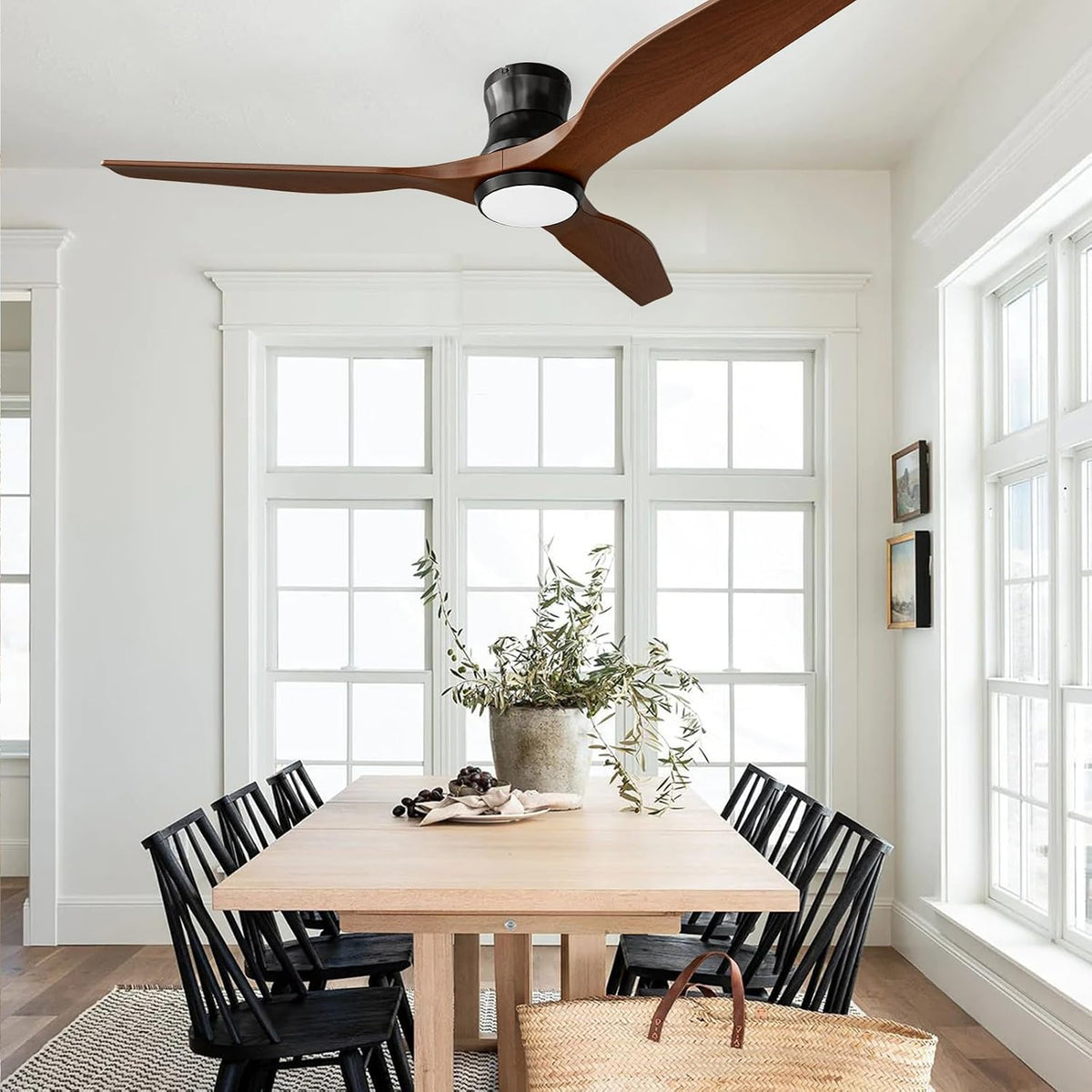 Smart 52" Wood Flush Mount Ceiling Fan with Remote Control, Walnut
