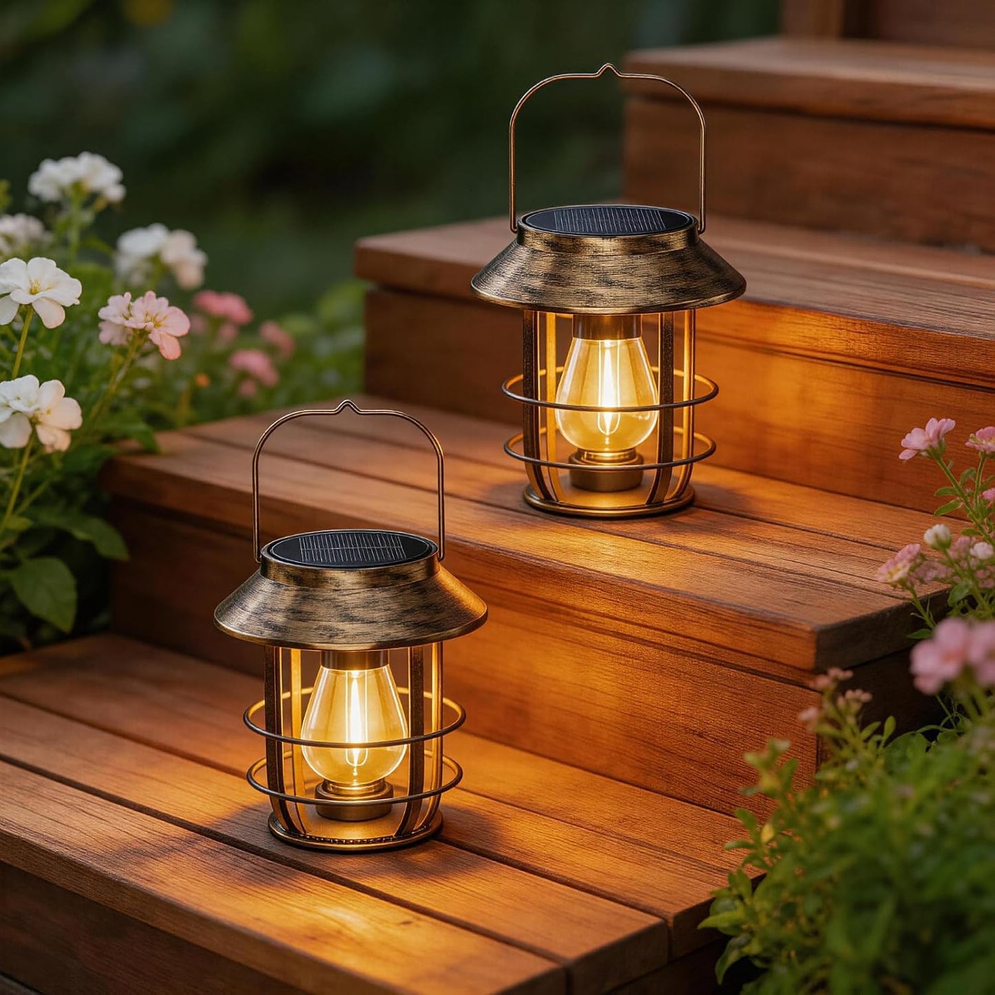 Ahaorigin 2 Pack Solar Lanterns Outdoor Waterproof, High Brightness Hanging Solar Lights for Outside with Wall Hooks, Retro Metal Outdoor Lanterns Auto On/Off for Garden, Porch, Patio, Yard Decor