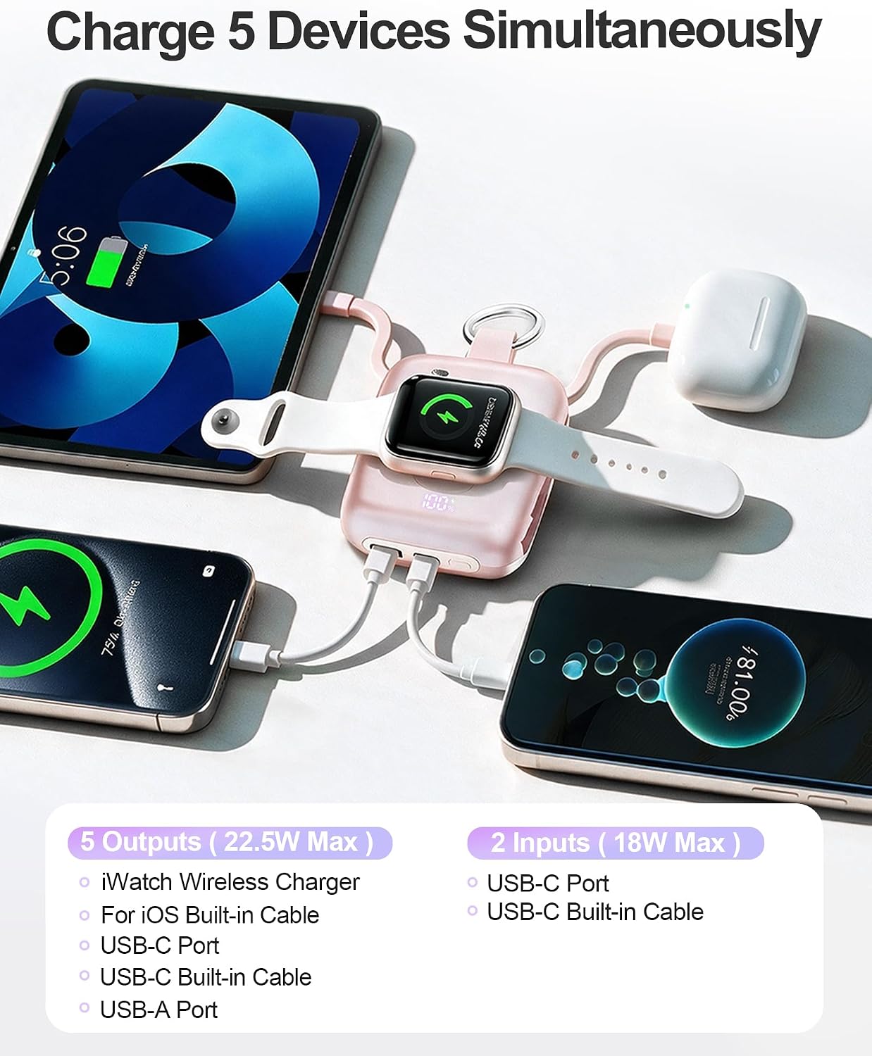 Portable Charger 3 in 1, Smaller 10000mAh Built-in Cables 22.5W Power Bank | Travel Essentials, Fast Charging Keychain Battery Pack for iPhone17/16/15/14/13, Android, iWatch Ultra/11/10/9/8, Pink