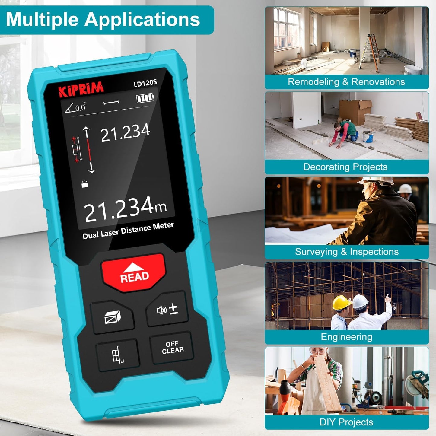 Kiprim LD120S Dual Laser Distance Meter,393ft/120m,Electronic Level,DIY | Dual‑laser measuring tool delivers precise 120m/393ft readings. Pythagorean function for DIY and construction projects.