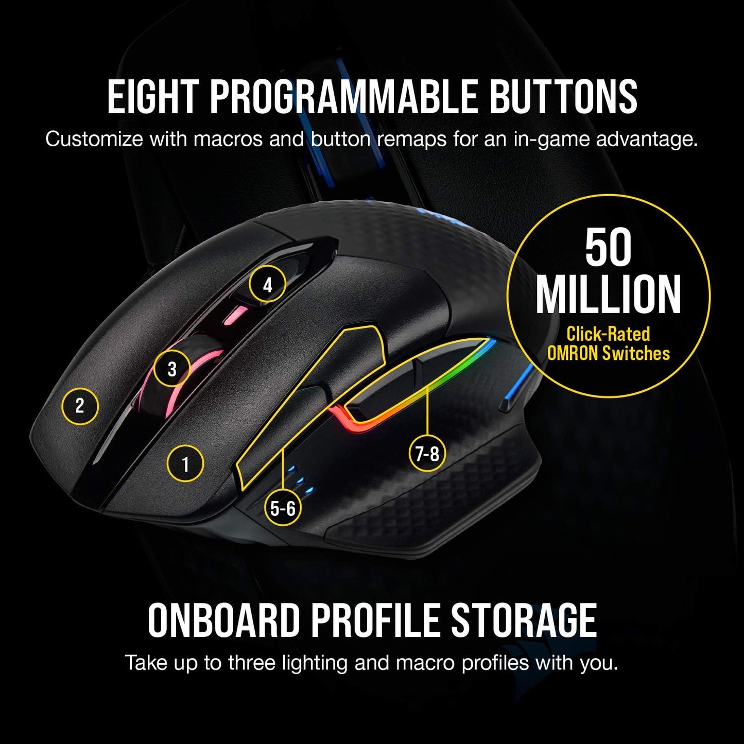 Corsair Dark CORE RGB PRO Wireless/Wired FPS MOBA Gaming Mouse – 18,000 DPI, Fast Response Time, 8 Programmable Side Buttons, Dynamic Multi-Color Backlighting – Black