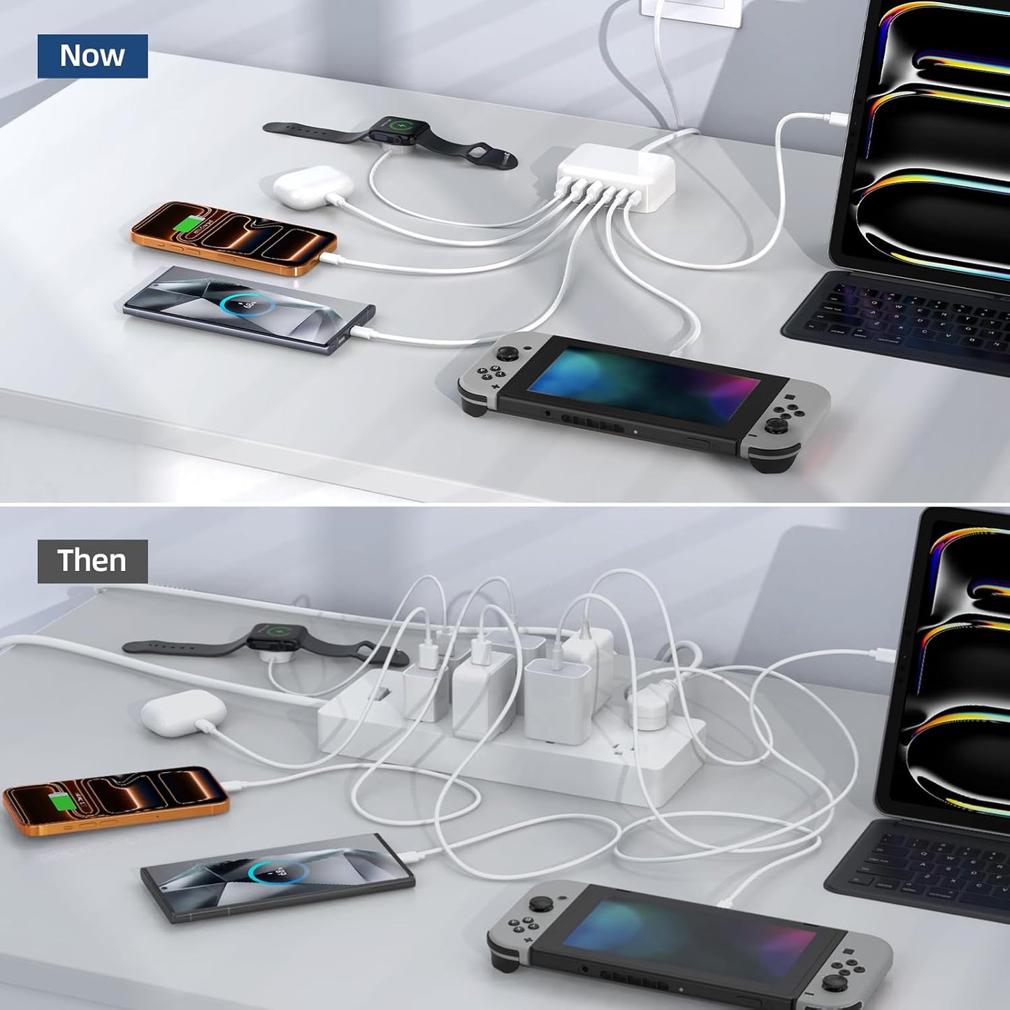 100W 6 in 1 USB Charger, 50% Smaller Charging Station for Multiple Devices | Fast Charging Blocks with Type C Port, USB Charging Hub Organizer Multiport Power Strip for iPhone,Samsung,Ipad,Kindle,Travel