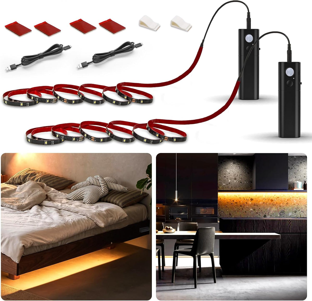 WOBANE 16.4ft Dual Motion Sensor Under Bed Lights,Rechargeable LED Strip