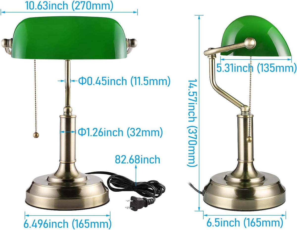 TORCHSTAR Green Glass Bankers Desk Lamp with Pull Chain, E26 Base | Brass Finish Base, Antique Traditional Library Lamp for Office Study Room, Bulbs not Included
