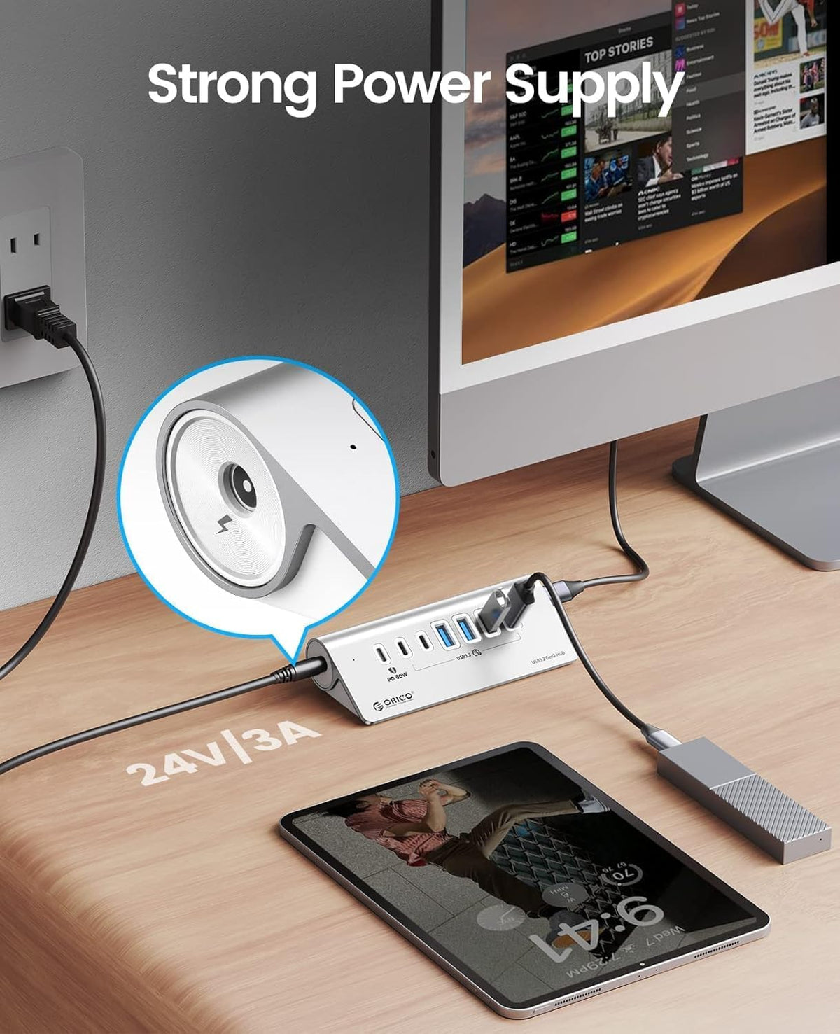 ORICO 7-Port USB 3.2 Gen2 Hub, Powered USB 3.2 Hub with 4 USB-A, 2 USB-C, PD 60W, 72W Power Adapter, 10Gbps Aluminium USB-Splitter with 3.28Ft USB-C to USB-C Cable for iMac, MacBooks, Mac mini