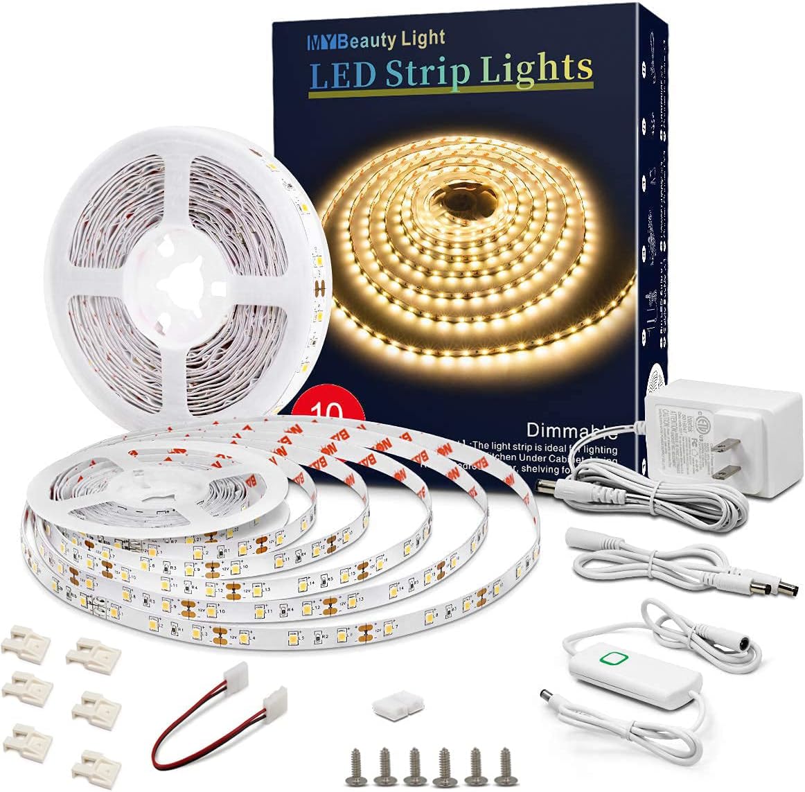 Led Strip Lights 65.6ft White Dimmable Led Light Strip Flexible Rope Lights Kits with 24v Etl Power Supply, Adhesive Clips, Dimmer Switch and Connectors for Indoor Decor