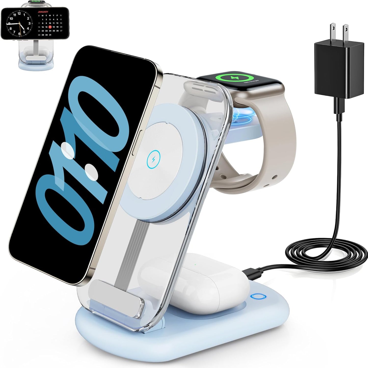 2026 Traveling Wireless Mag-Safe Fast Charging Station | Magnetic 3 in 1 Charger with Light for iPhone 17 16 15 14 13 12 Pro Max Plus,Apple Watch& Air pods 4 3 2 Pro(White)