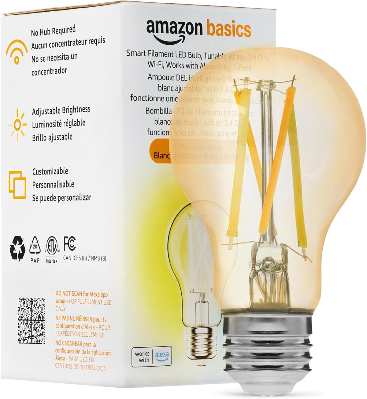 Amazon Basics A19 Smart Filament LED Bulb, Tunable White, Dimmable, Wi-Fi Enabled, Works with Alexa Only, Easy Setup, 2.4 GHz Wi-Fi, 4-Pack