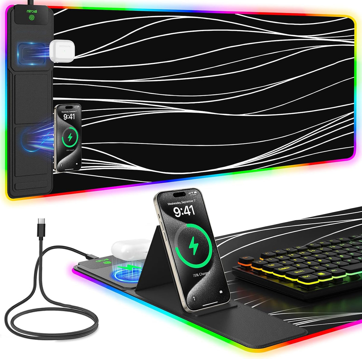 Mouse Pad with Foldable Phone Holder & Wireless Charger, XL RGB Gaming Mousepad 31.5"x11.8" Large Desk Mat for Keyboard, Home Desk Pad with Dual Qi Charging Station | 11 Colors & 5 Modes | Waterproof