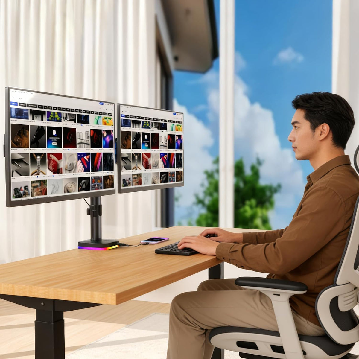 Afaloona RGB Dual Monitor Arm with USB Hub, Desk Mount for 13-27" Monitors