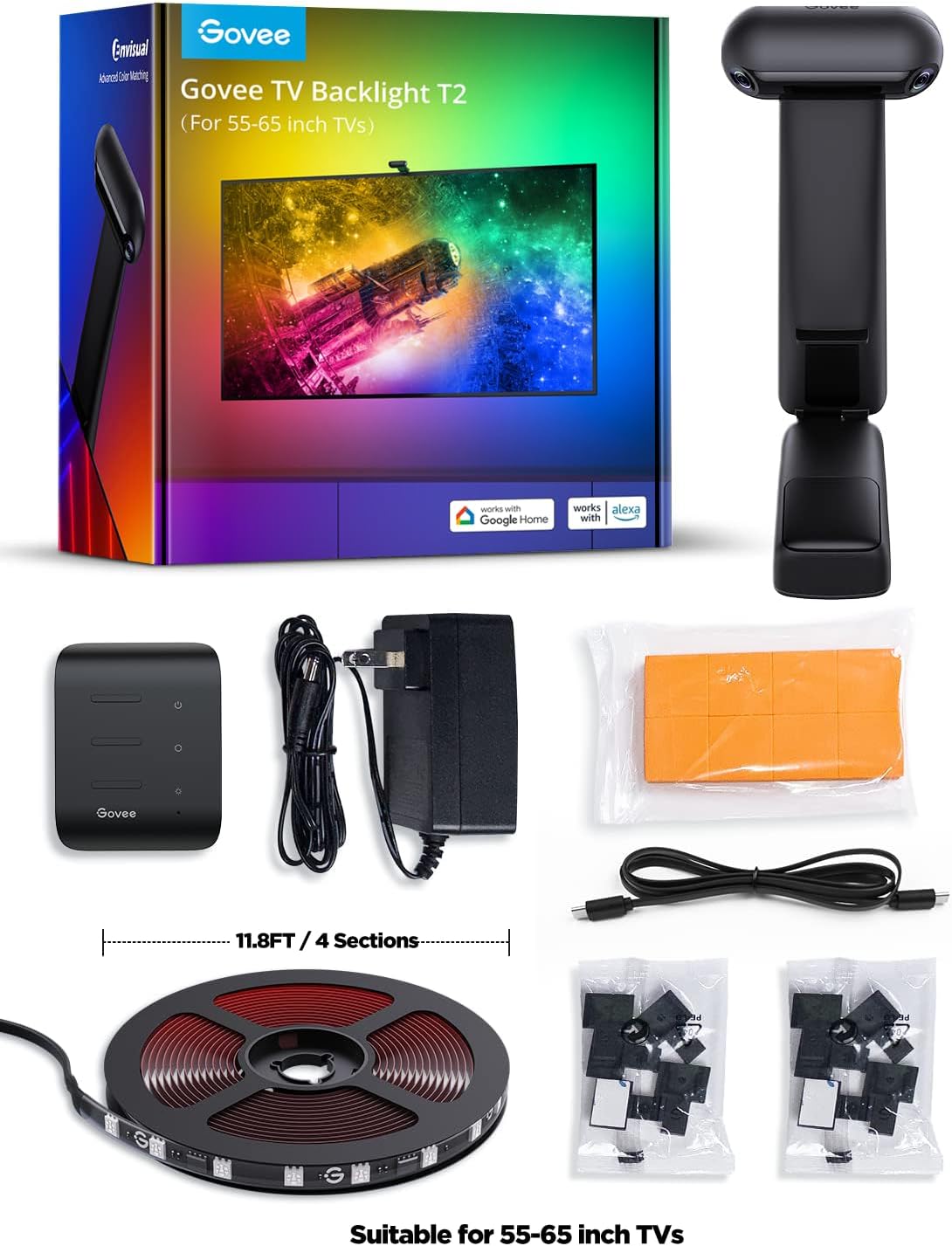 Govee Envisual TV LED Backlight T2 with Dual Cameras, 11.8ft RGBIC Wi-Fi LED Strip Lights for 55-65 inch TVs, Double Strip Light Beads, for Home Decorations, Smart App Control, Music Sync