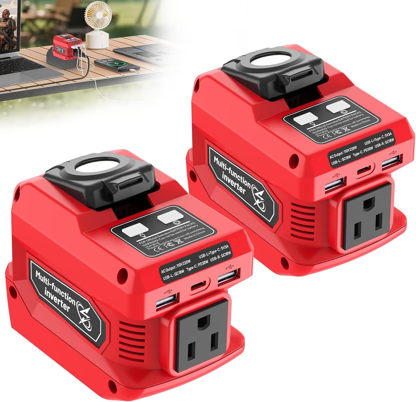 220W Portable Power Inverter Compatible with Dewalt 20V Battery | DC 20V to AC 110V Battery Inverter, 400LM LED Light, 1 AC Outlet, 2 USB & 1 Type‑C Fast Charging (Battery Not Included)