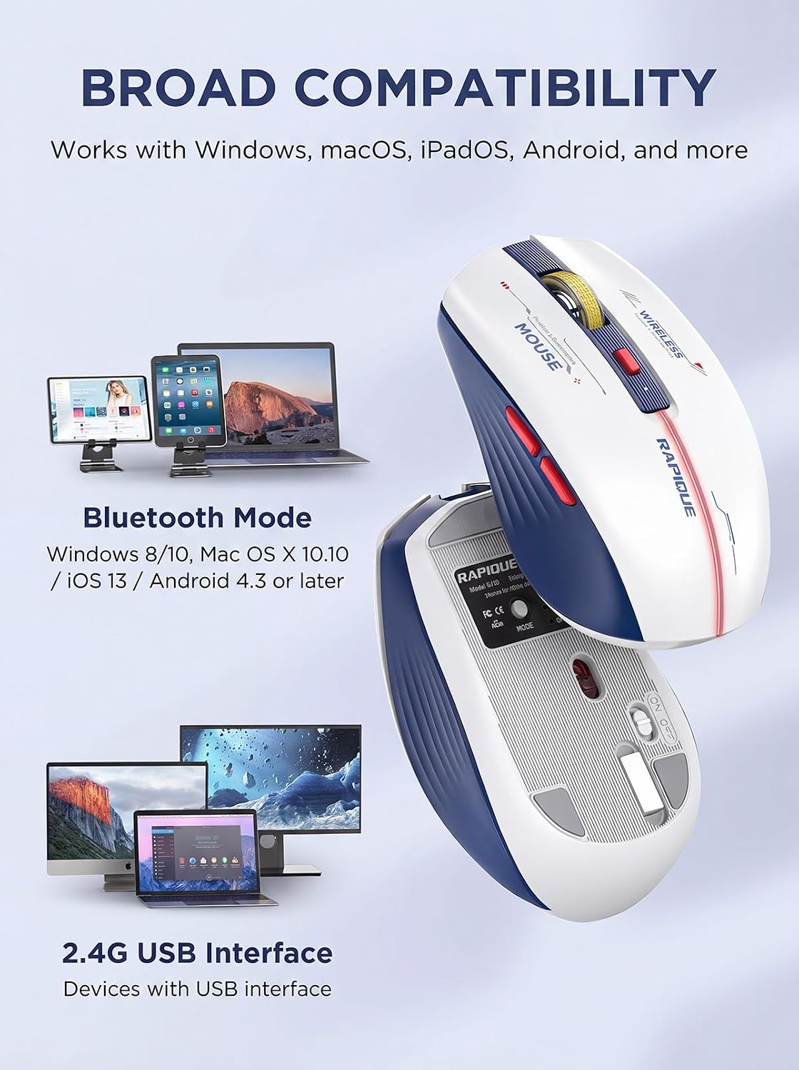 RAPIQUE Bluetooth Wireless Mouse - (BT1/BT2+USB) Tri-Mode High Performance, Rechargeable, Multi-Device Compatible with PC/Laptop/Computer/MacBook/iPad Air Pro (Blue and White)