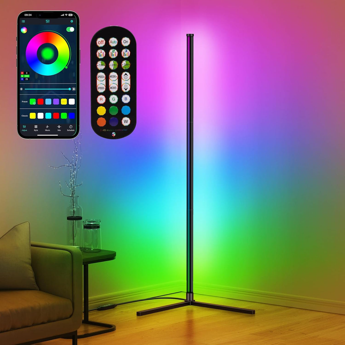 RIYO Corner Floor Lamp - Smart LED Corner Lamp for Bedroom, Living Room & Gaming Room, 16 Million DIY Colors with Music Sync, App & Remote Control, 68 Scene Modes, Modern Ambient Lighting
