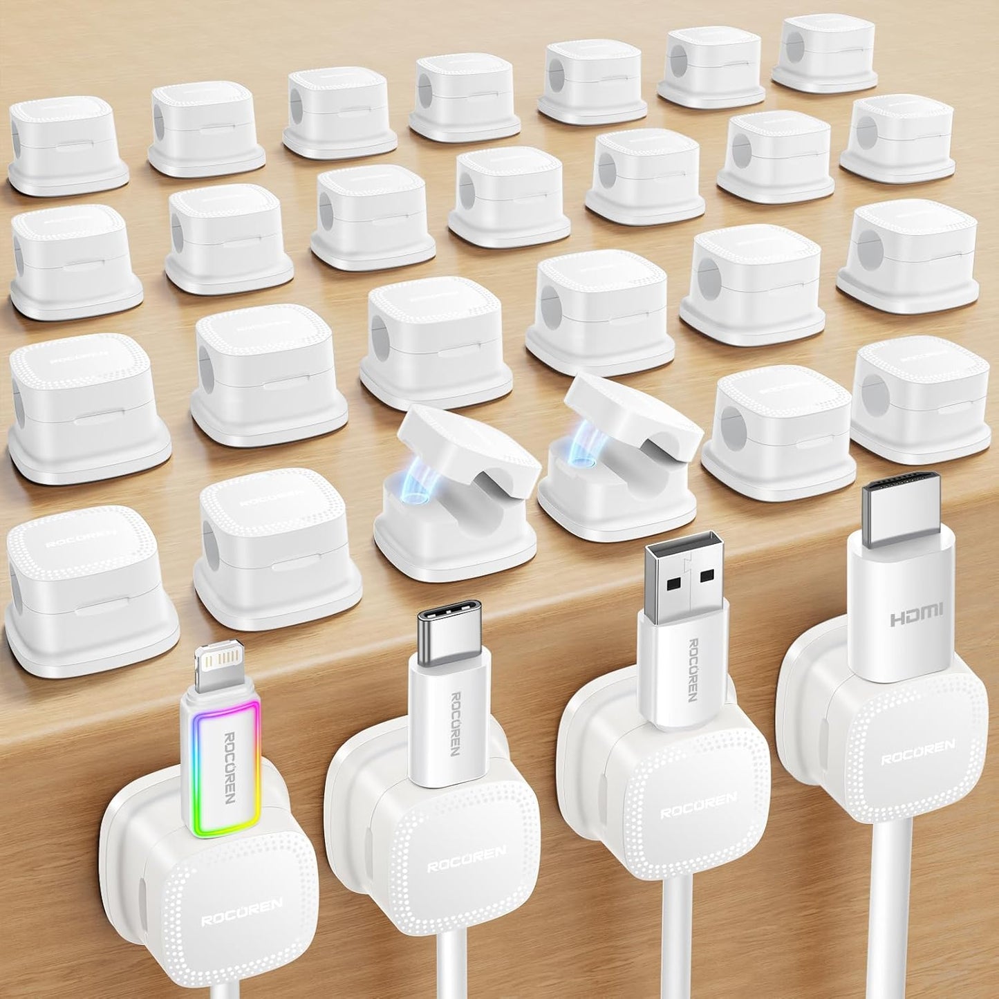 30-Pack Magnetic Cable Clips Cord Organizer,Cable Straps Smooth Adjustable,Rocoren Cable Management Accessories,Cable Holder Clips Wire Holder Keeper for Desktop,Nightstand,Home Office,Workspace,Phone