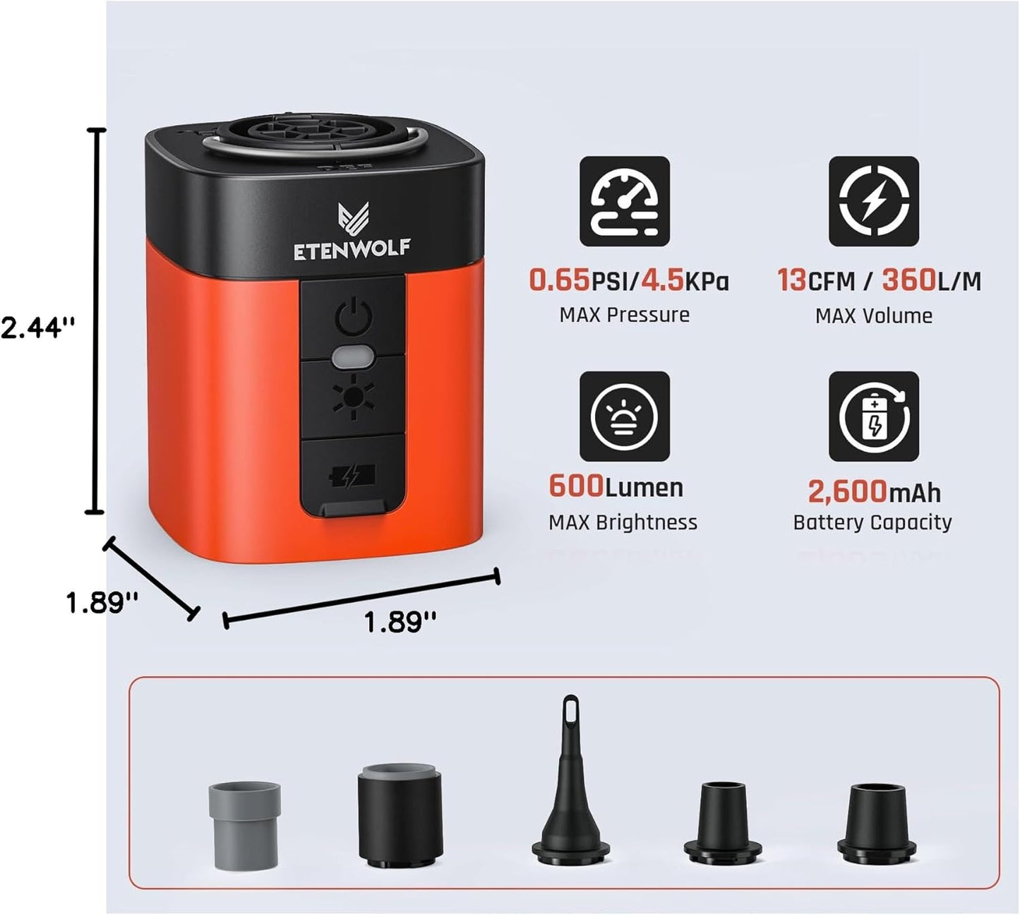 ETENWOLF AIR 3 Air Pump for Inflatables with 2600mAh Battery& Camping Light | Ultra-Fast and Mini Electric Air Pump, Inflate Deflate for Air Mattress, Pool Floats, Vacuum Storage Bags