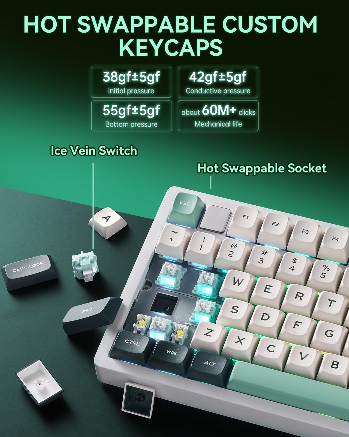 LEOBOG x Aula HI75C Pro PC Gaming Aluminum Alloy Keyboard,Bluetooth/USB-C/Wireless Tri-Modes Mechanical Keyboards,Hot Swappable Green Creamy Keyboard with Ice Vein Switch for Windows/Mac/Tablet Gamer