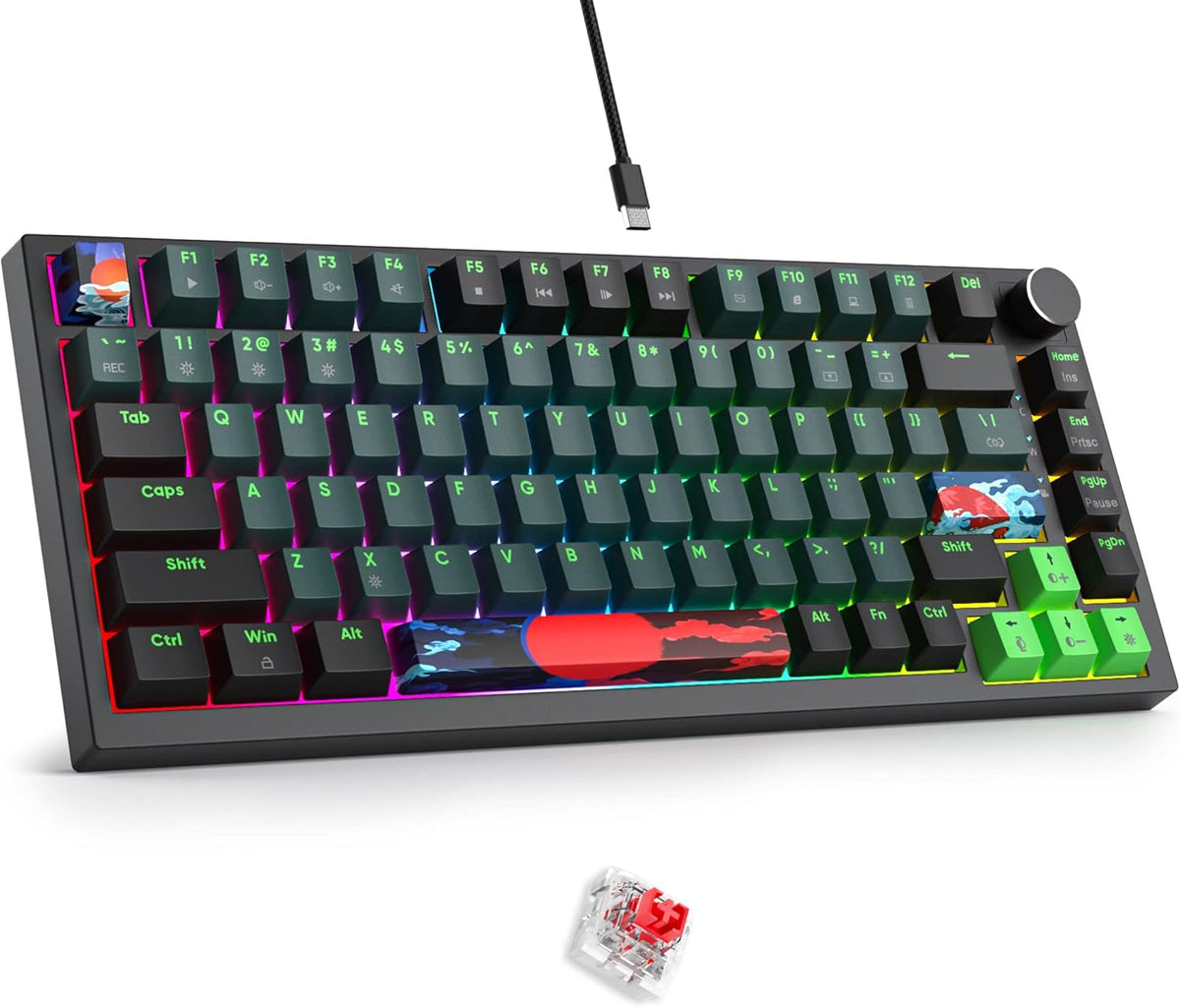 Fogruaden Wired 75% Percent Hot Swappable Mechanical Keyboard, Red Switch, TKL Mechanical Keyboard, Gasket Mount, RGB Backlit Compact Gaming Keyboard with Volume Knob(Forest)