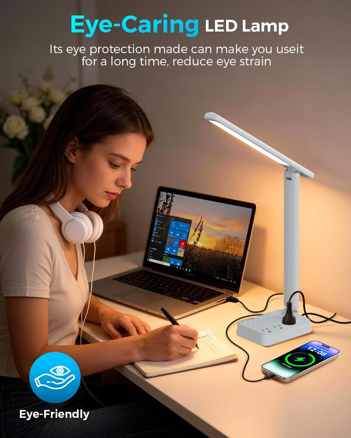 LED Desk Lamp with Power Strip, 3 AC Outlets, 4 USB Ports, Stepless Dimming