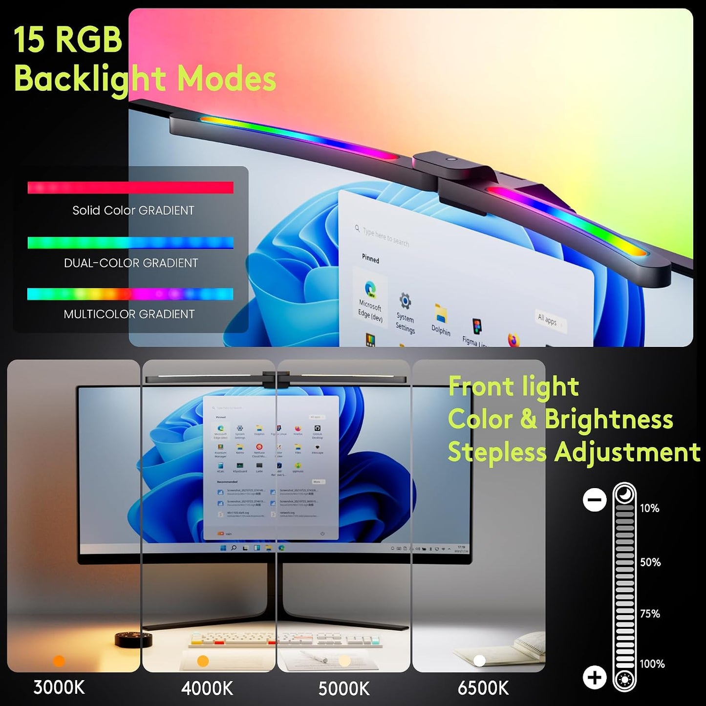 Quntis Curved Monitor Light Bar 15 RGB Backlight for 34"+ Screens, Computer Bar Lights Foldable Dual Light with Color Temperature Brightness Stepless Dimming, No Glare Desk Lamp for Home Office Gaming