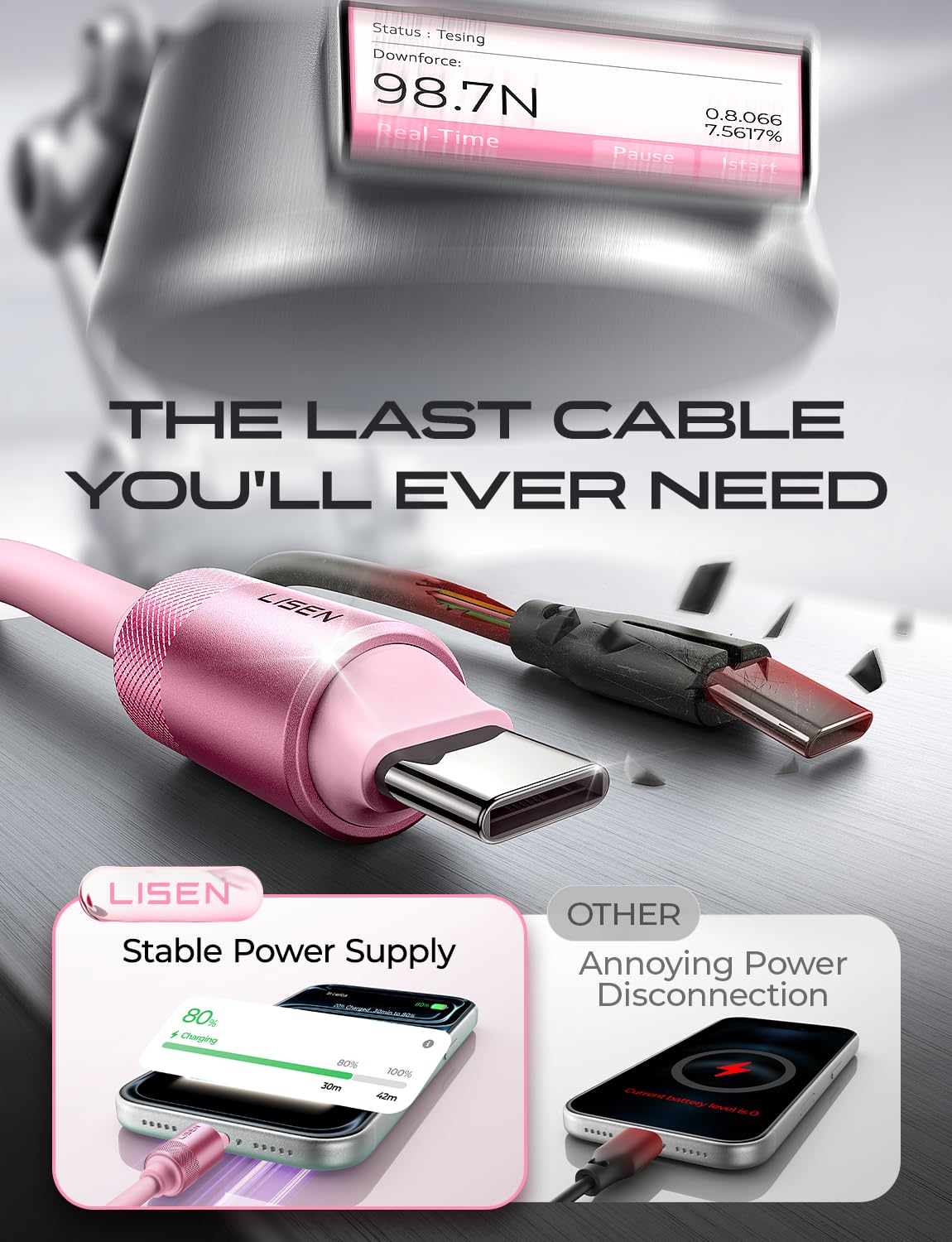 LISEN 10FT USB C Cable Fast Charging, Chubby 240W Cable USB C to USB C Fast Charging Soft Silicone USBC to USBC Parallel Cable for iPhone 17 Pro Max 16 15 Samsung S25 Ultra MacBook Pro Air iPad Pink