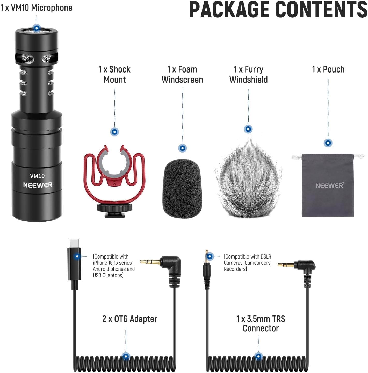 NEEWER Plug & Play Vlog Microphone for Camera, 20-20KHz Mini Supercardioid Mic Compatible with Sony Canon Nikon iPhone Samsung Android Tablet Mac with 3.5mm TRS USB C OTG Shock Mount Windscreen, VM10