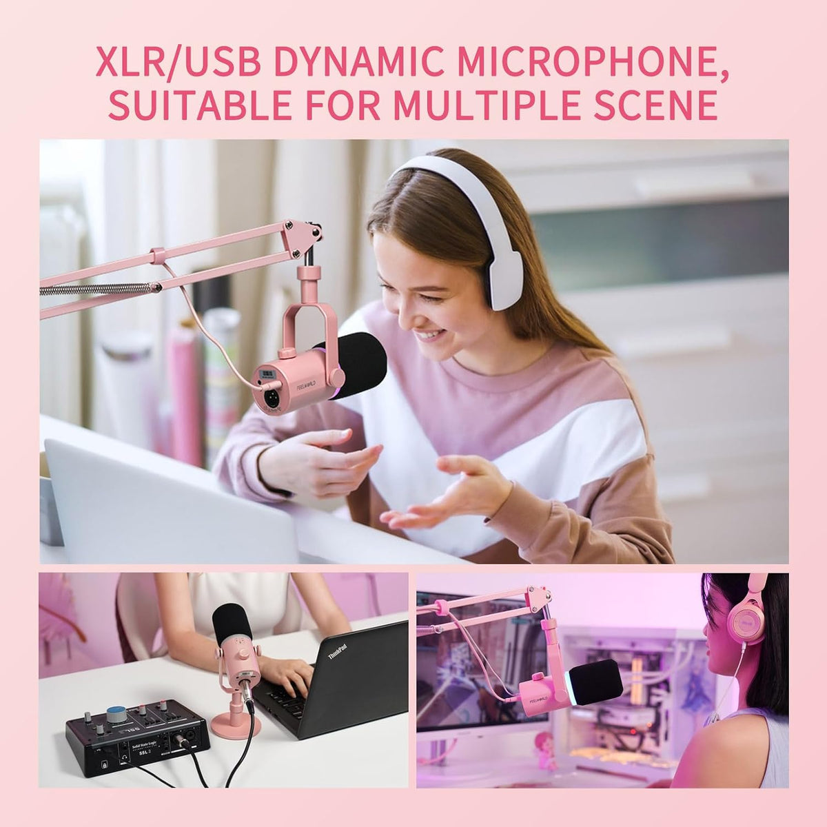 FEELWORLD PM1 Pink XLR USB Metal Podcast Dynamic Microphone with Boom Arm | PC Computer Gaming Streaming Mic with RGB Light, Studio Vocal Mic for Singing Recording Gifts, Mute Button, Headphones Jack
