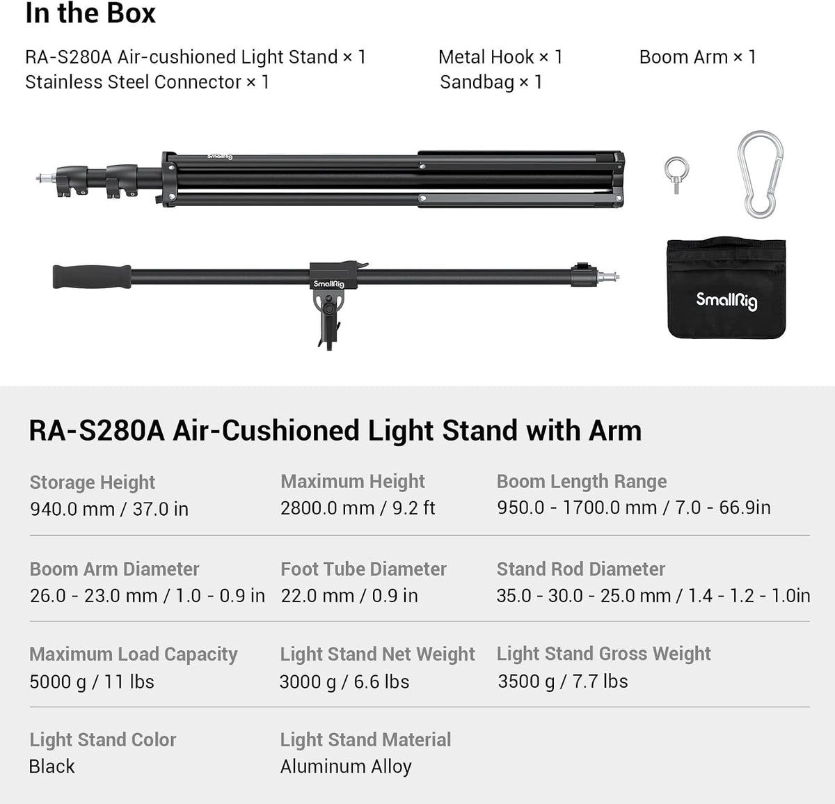 SmallRig 9.2ft Light Stand with Boom Arm, Photography Lighting Tripod