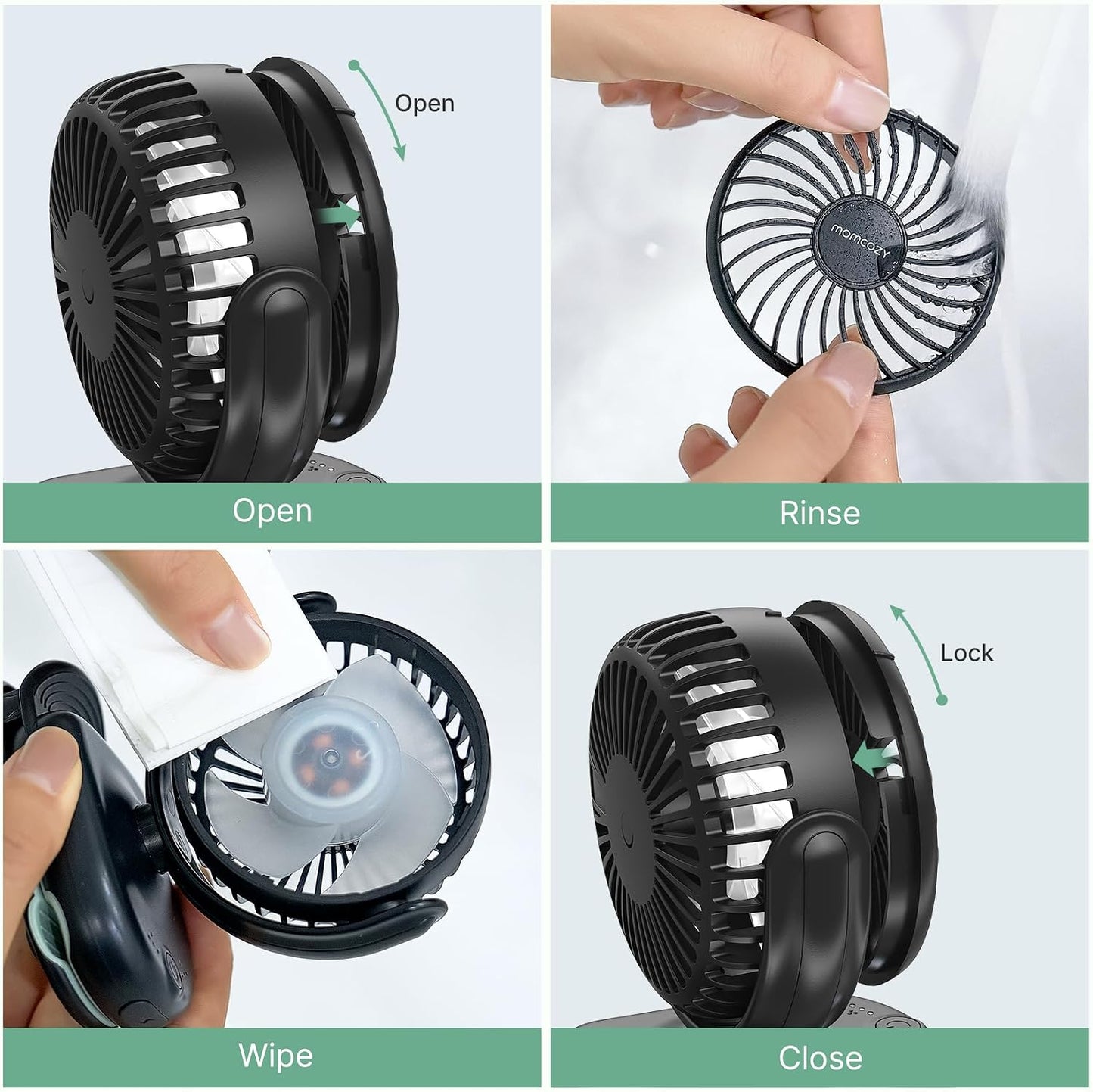 Momcozy Portable Stroller Fan with Clip, 4-Speed Mini Cooling Fan, 0.26 Lb | Ultra-Light Rechargeable Design, Gaps ≤ 4.5 mm, Rotating Handheld Cooling for Carriers, Backpacks and Tables