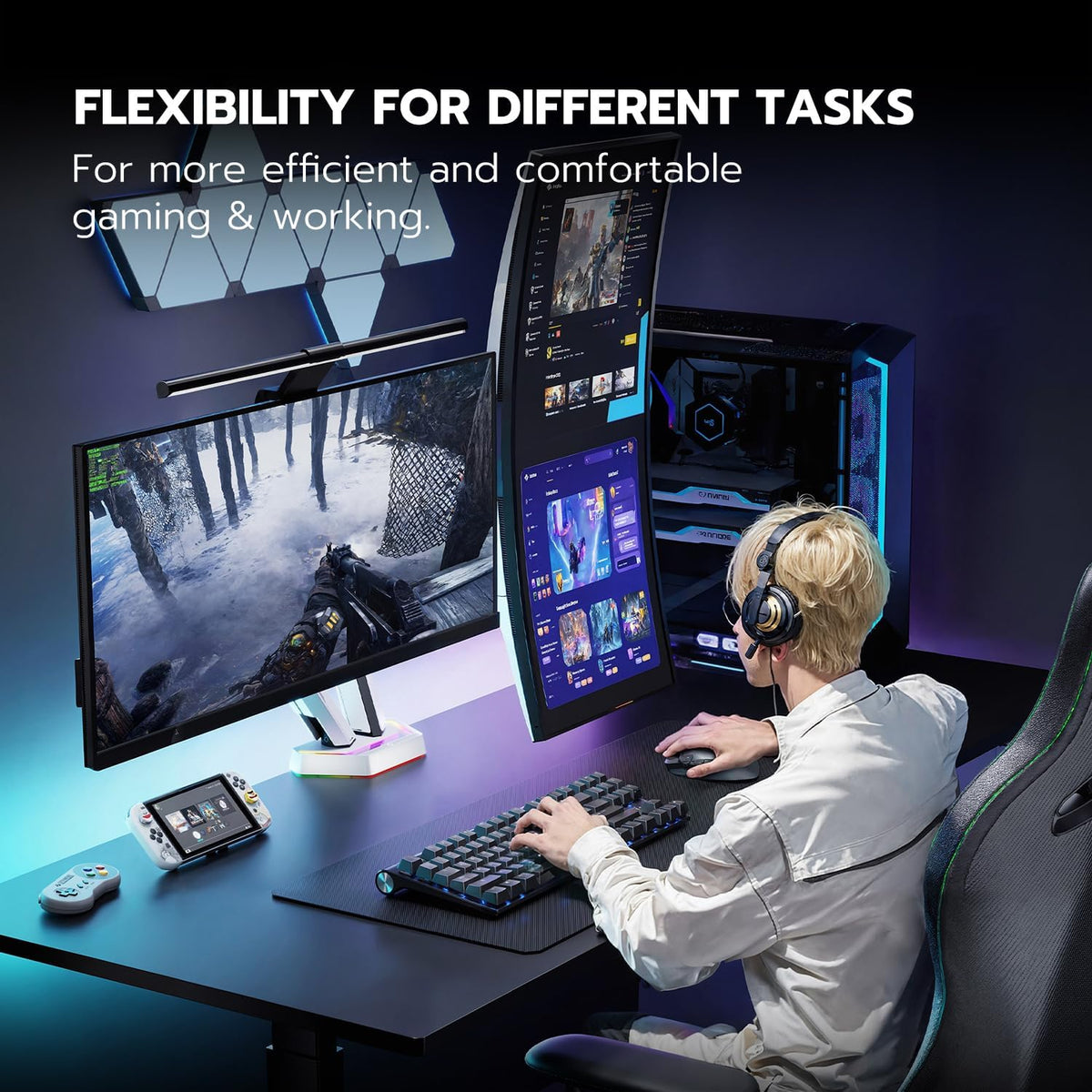 ARES WING RGB Dual Monitor Arm Desk Mount for 17-38 inch Monitors, Grey
