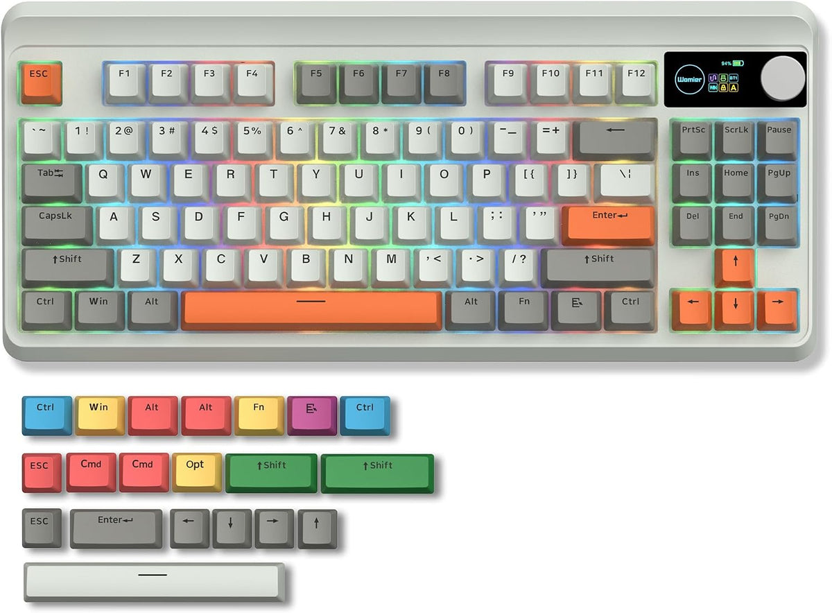 Womier Retro 75% Gaming Keyboard with OLED Display&Knob, M87 Pro Bluetooth 5.1/2.4GHz /USB-C Wireless Mechanical Keyboard with Hot-Swappable Custom Switch, Compact Gamer RGB Keyboard-Grey
