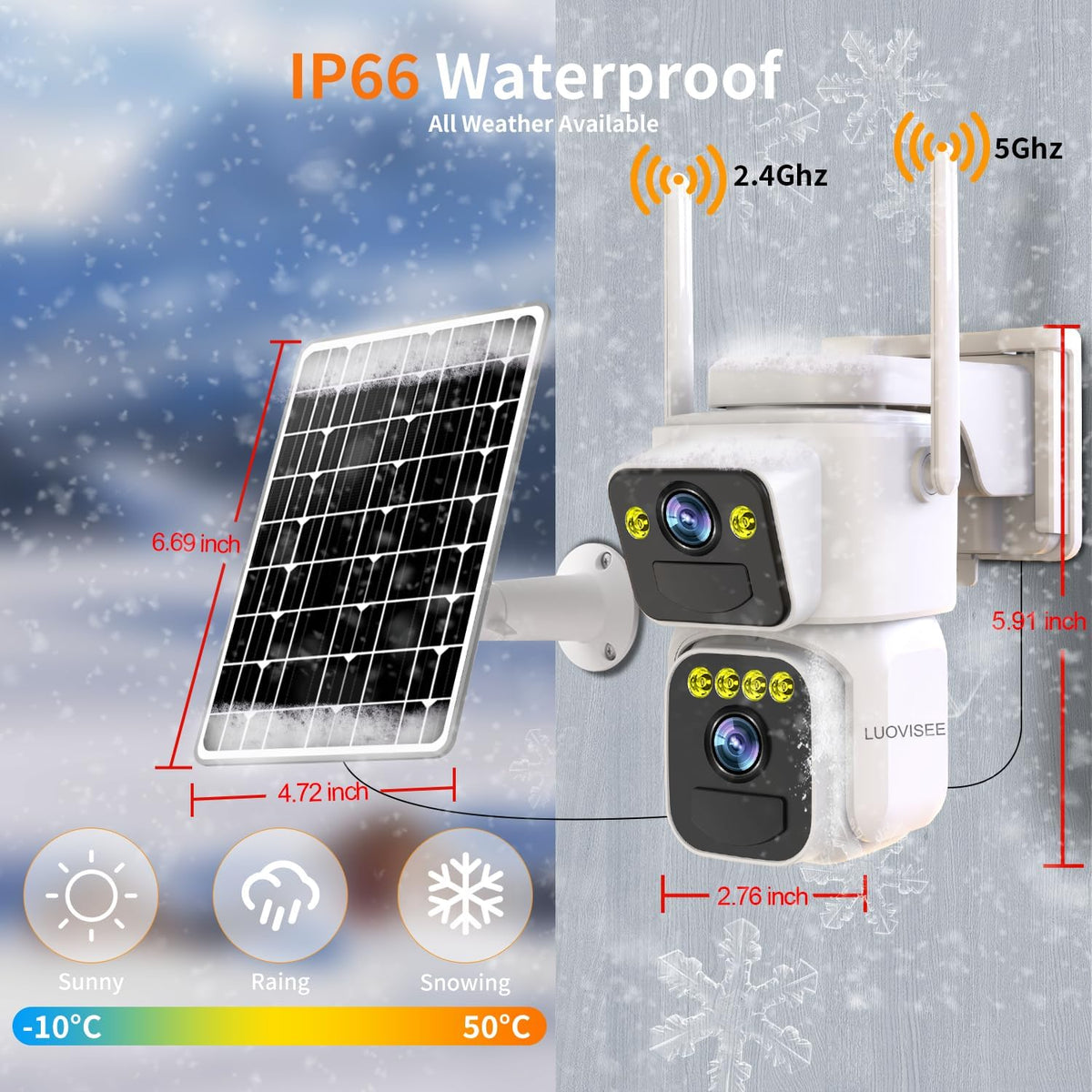 Luovisee Cameras for Home Security with Dual Lens,2.4G/5G WiFi Outdoor Camera Wireless Solar Powered,PIR Alarm,Color Night Vision,2-Way Audio,Cloud/SD Storage,No Month Fee(2 Pack)