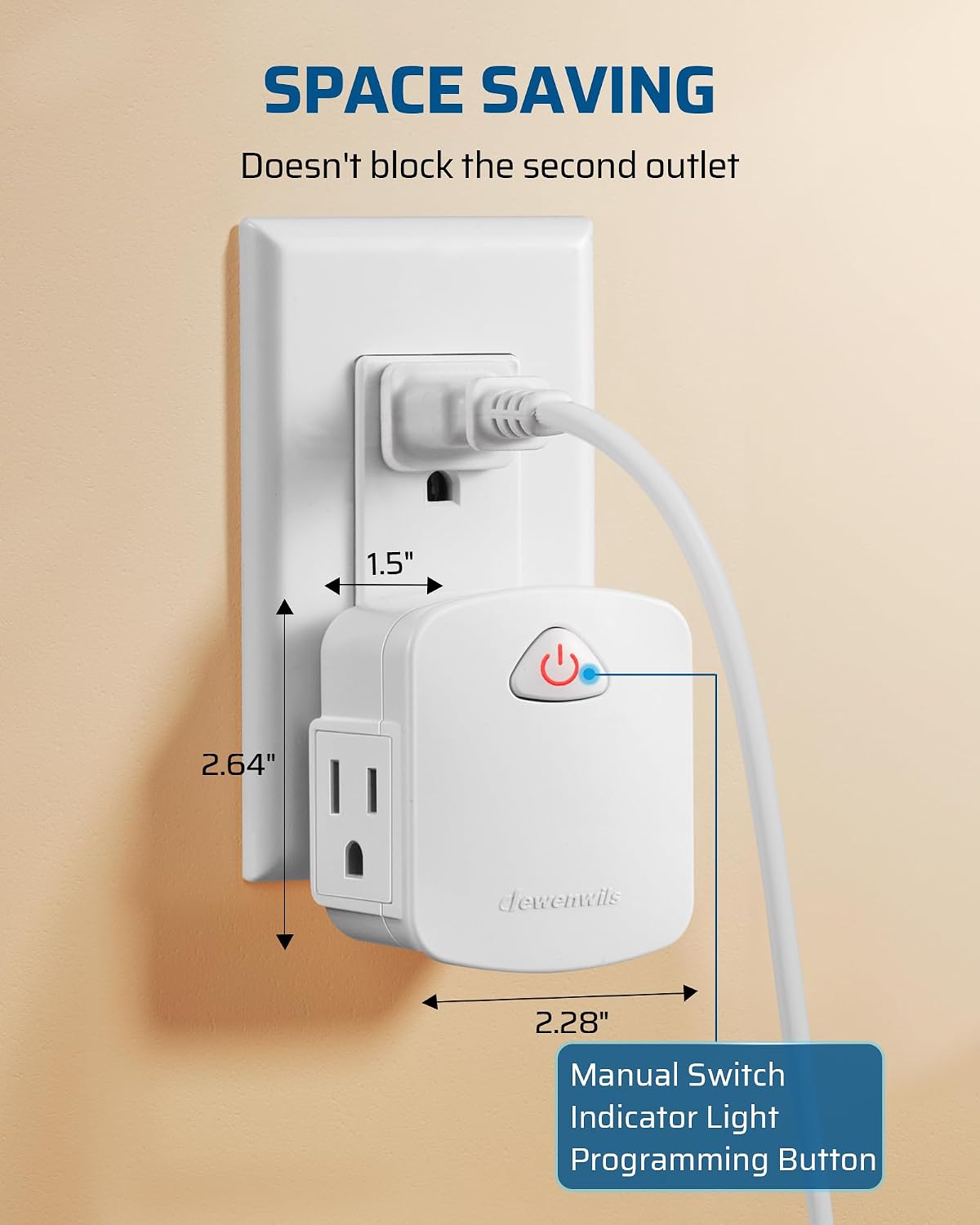 DEWENWILS Remote Switch Outlet with Side Outlet, 15A/1875W, ETL Listed | 100FT Range, 15A/1875W/125V/60Hz, No Wiring Needed, Programmable Wireless Light Switch for Lamps, Fans, Household Appliance