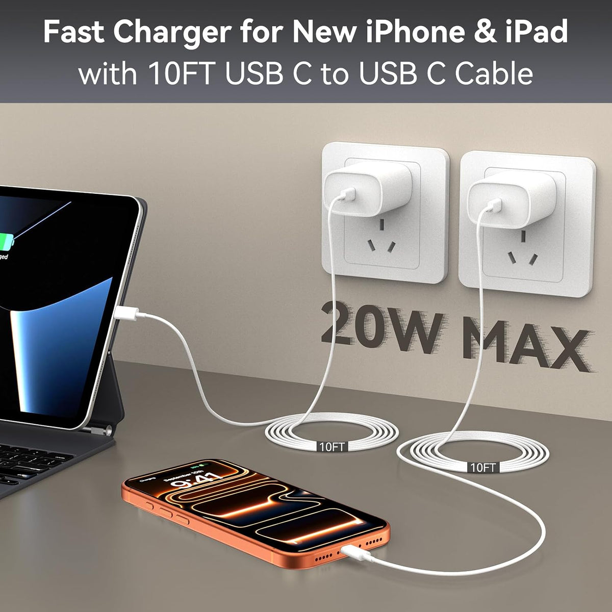 iPhone 17 Pro Max Charger Fast Charging, 10 FT USB C Cable Cord, iPhone 17 16 15 Chargers Long Cord 10FT with 20W Phone Charger Block Plug Brick for Apple iPhone 17/17 Pro Max/17 Air/16/15,iPad,2pack