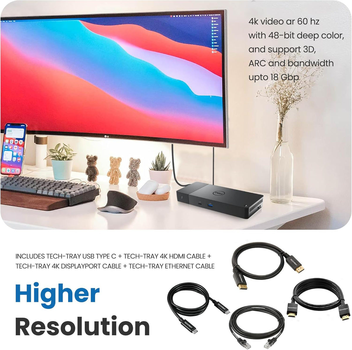 Dell WD22TB4 Thunderbolt 4 Dock 180W - 40Gbps, 3-Year Warranty, USB-C Dell Docking Station with 180W Adapter + Techtray Cables & Cloth - Supports Dual/Triple Monitor & 4K Displays (New)