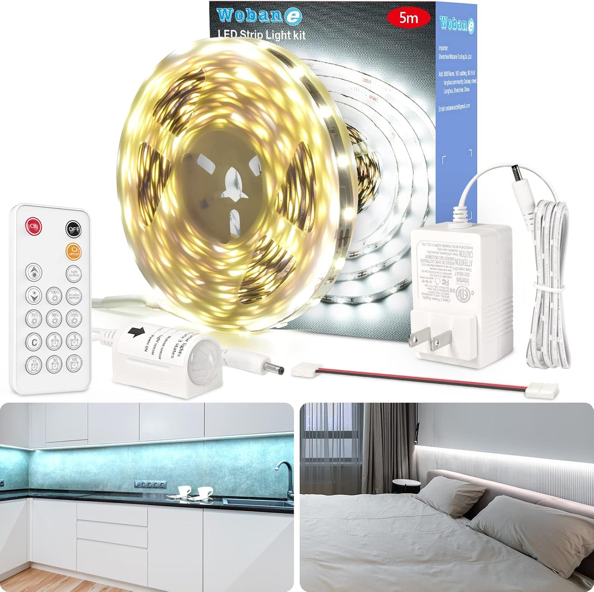 WOBANE 32.8ft White LED Strip Lights with Remote,Dimmable Tape Lighting