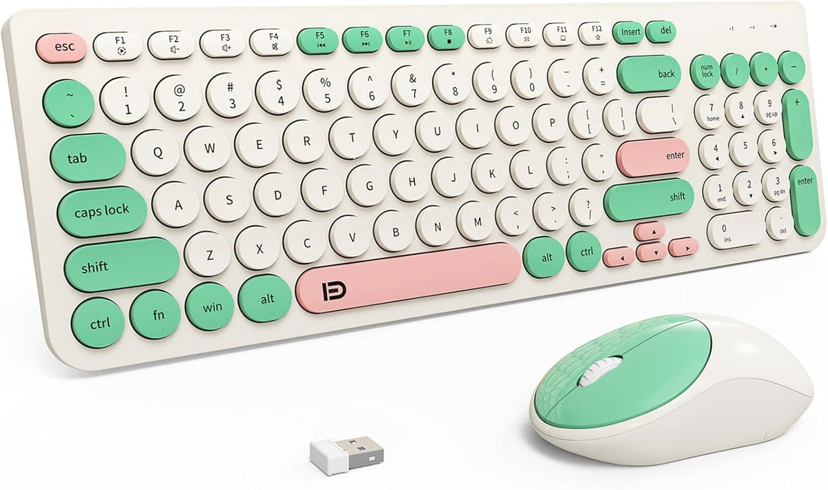 FD Wireless Keyboards and Mouse Combo - 2.4GHz USB Cordless, Cute Wireless Keyboard Round Keys, Quiet and Slim Set for Laptop, Computer, TV and Mac - Indigo Blue Colorful
