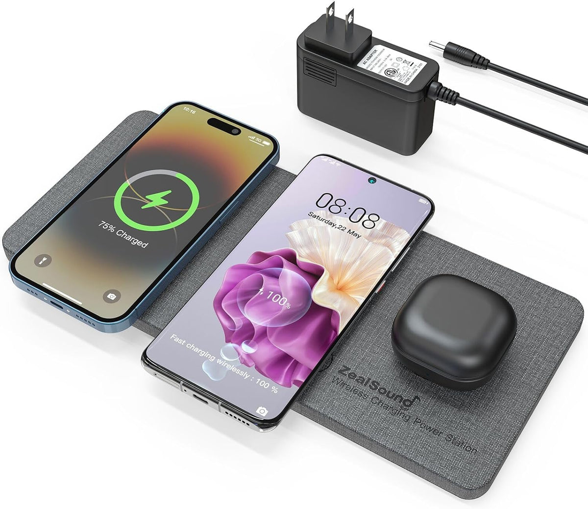 ZealSound Wireless Charging Pad, 3 in 1 Charger Mat for iPhone, Samsung Galaxy, Pixel, AirPods & Galaxy Buds, 24W Adapter Included, Ultra Slim, Case Friendly, PU Leather, for Home Office & Travel