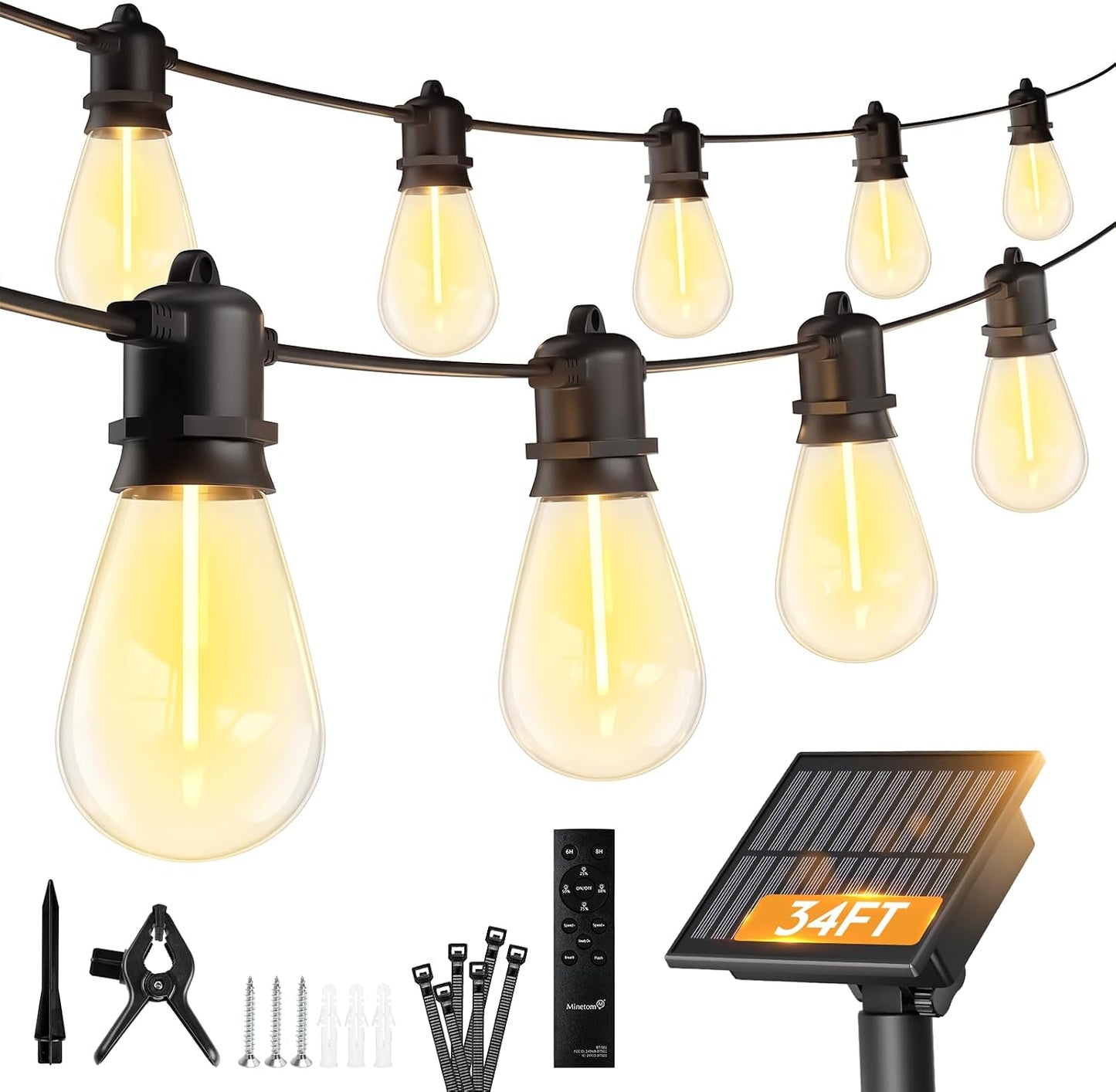 Minetom 100FT Solar String Lights Outdoor Waterproof, S14 Patio Lights | 31+2LED Shatterproof Bulb, Remote Type-C Port Timable, 3 Light Modes Dimmable Solar String Lights for Outside, Yard, Camping
